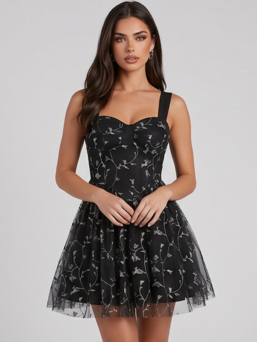 Versallies Floral Embroidery Mesh Overlay Cami Dress